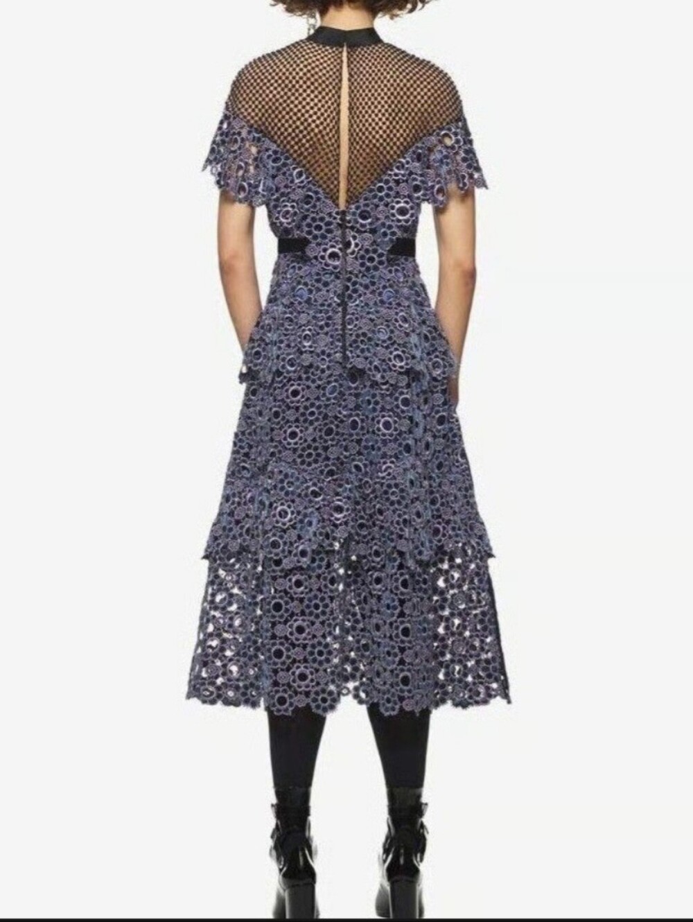 NWT Self-Portrait Sweetheart Yoke Frill Lace Midi Dress Slate Blue - Picture 5 of 16
